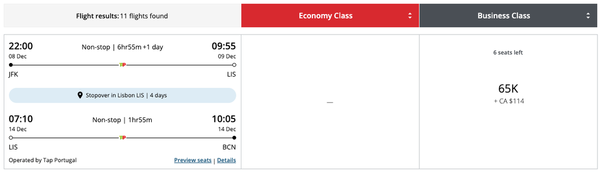 Aeroplan JFK LIS BCN